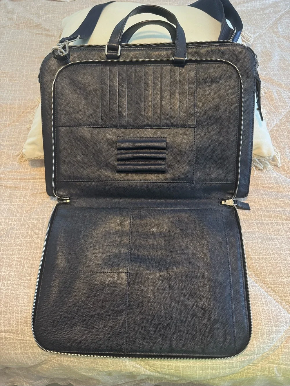 Prada Navy (Bluette) Saffiano Leather Briefcase with Shoulder Strap